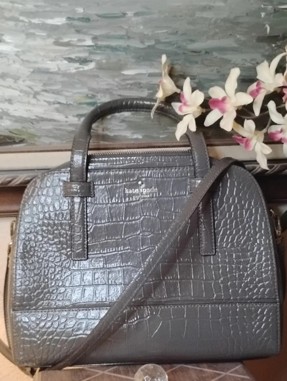 kate spade Croc-Embossed Satchel in Dark Brown with Gold Hardware
